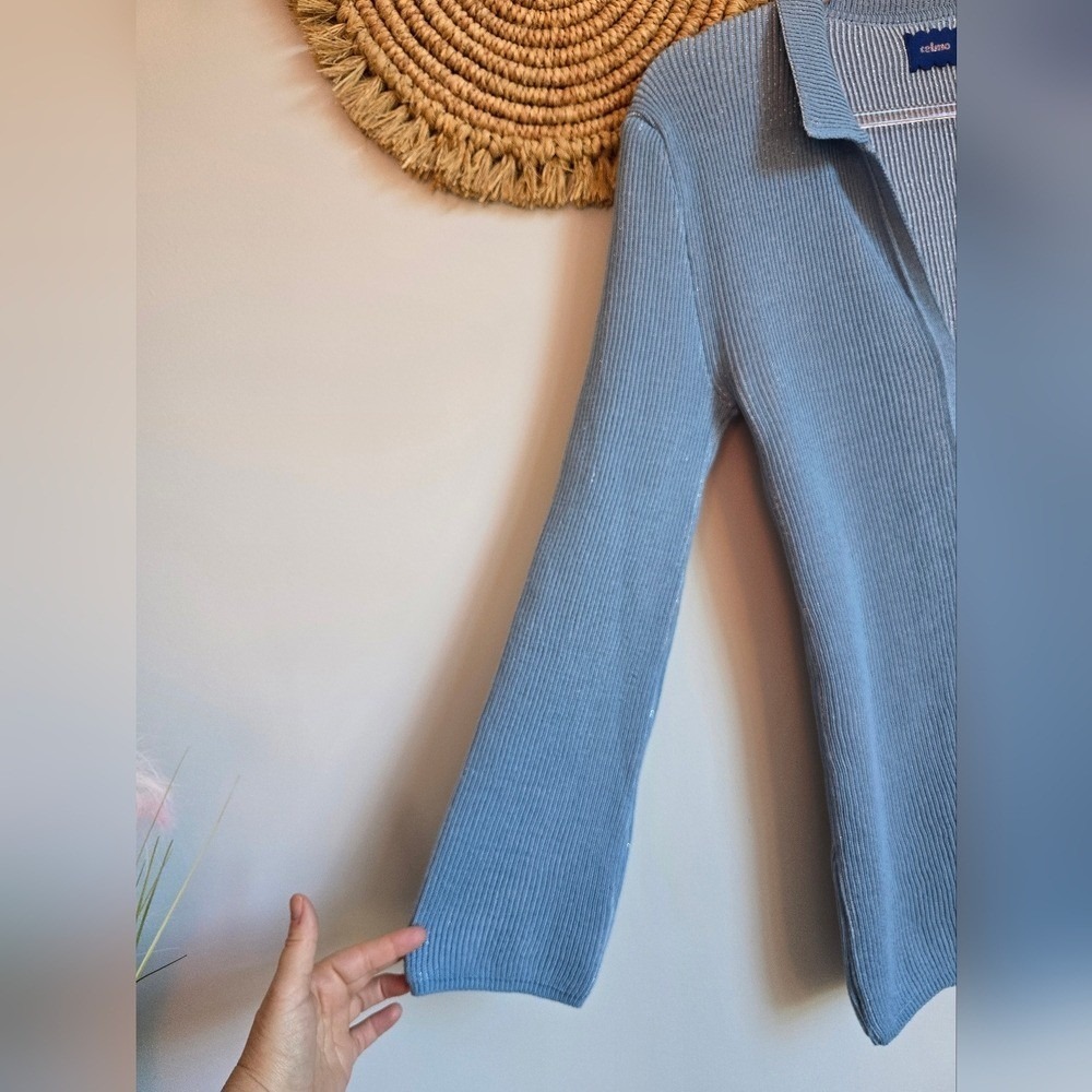 Free People x Celmo Shimmer Blue Three Button Cardi Sweater Cardigan SZ MediumY - Picture 5 of 9